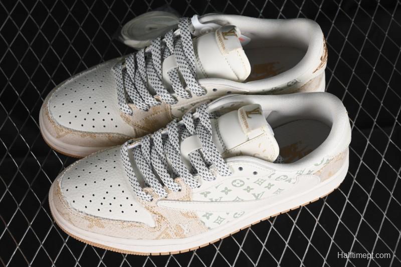 Nike Travis Scott x Fragment Design x Jordan Air Jordan 1 Low OG SP AJ1 LV Khaki Denim Casual Sneakers - SJ2068-009