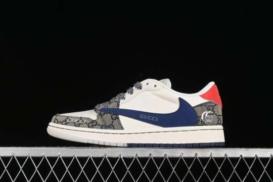 Nike Travis Scott x Fragment Design x Air Jordan 1 Low OG SP AJ1 Gucci Collaboration - Silver Logo Blue Swoosh Low Top Casual Sneakers - XY2688-118