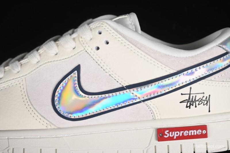 Nike SB Dunk Low Supreme x Stussy Triple Collaboration - Beige Silver Swoosh Anniversary Custom Low-Top Casual Skate Shoes - KK1333-005
