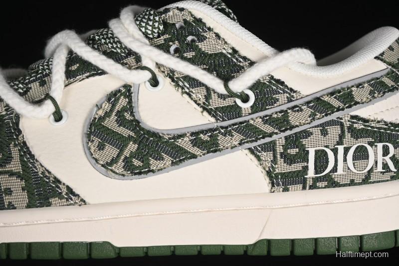 Nike SB Dunk Low Dior Collaboration - Strap Woven Green Check Anniversary High-End Custom Low-Top Casual Skate Shoes - SJ2068-309