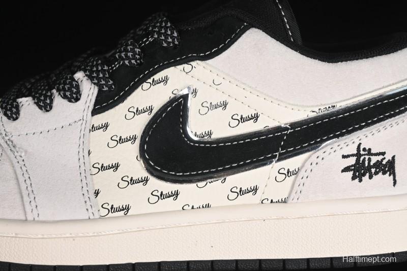 Nike Air Jordan 1 Low Stussy Collaboration - Silver Trim Black Swoosh Retro Basketball Shoes - SJ9950-026