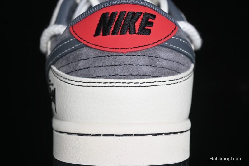 Nike SB Dunk Low Stussy Collaboration - Lace-Up Grey White Grey Check Anniversary High-End Custom Low-Top Casual Skate Shoes - YX5066-207