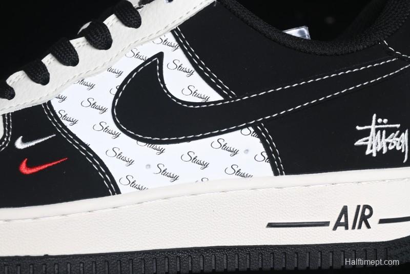 Nike Air Force 1 '07 Low Stussy Collaboration - Black White Mini Swoosh Low-Top Casual Sneakers - SJ6698-010