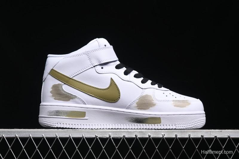 Nike Air Force 1 '07 Mid Hand-Painted Olive Green with Swoosh Shadow Strap Mid-Top Casual Sneakers - CW2289-111