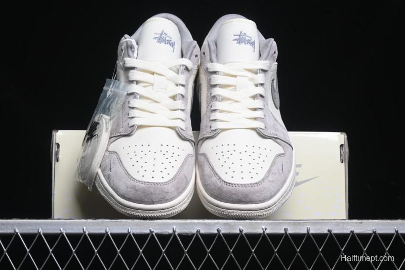 Nike Air Jordan 1 Low Stussy Collaboration - Grey White Dual-Tone Red Tag Retro Basketball Shoes - SJ9950-031