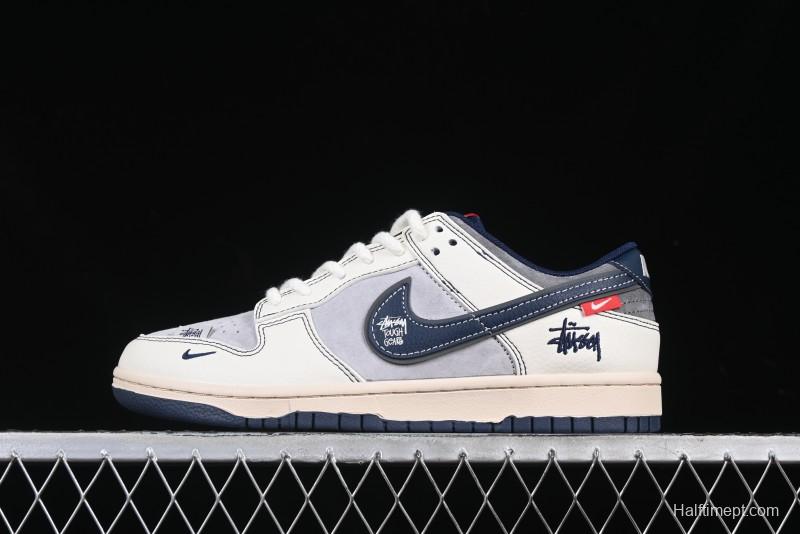 Nike SB Dunk Low Stussy Collaboration Signature Navy Swoosh Anniversary Custom Low-Top Casual Skate Shoes - DM6868-034