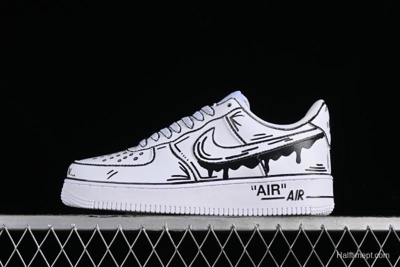 Nike Air Force 1 '07 Low Casual Sneakers with Black and White Hand-Drawn Manga Design - CW2288-811