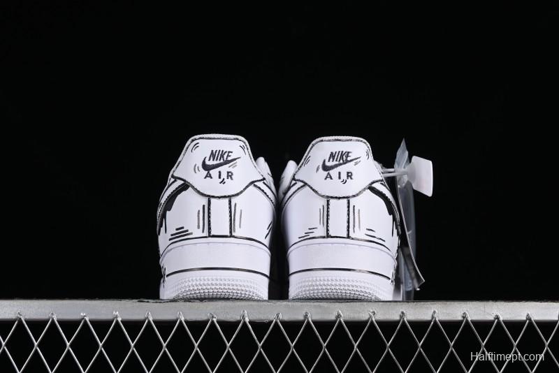 Nike Air Force 1 '07 Low Casual Sneakers with Black and White Hand-Drawn Manga Design - CW2288-811