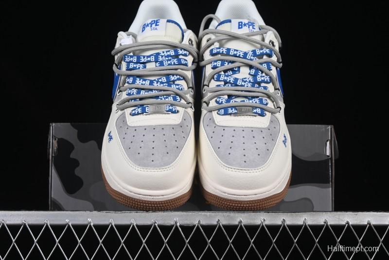 Nike Air Force 1 '07 Low Bape Collaboration Beige Blue Gum Pull Tab Casual Sneakers - SJ1198-112