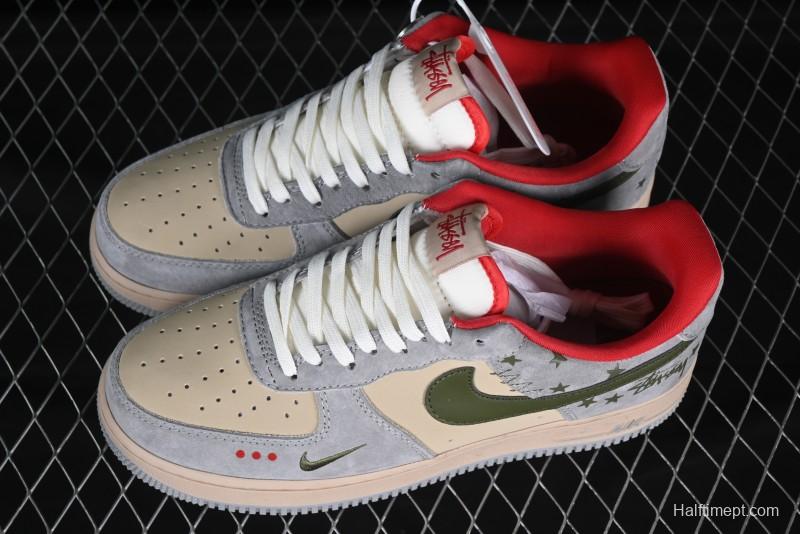 Nike Air Force 1 '07 Low Stussy Collaboration Olive Green Star Low-Top Casual Sneakers - KK1988-034