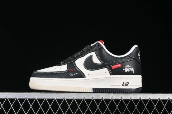 Nike Air Force 1 '07 Low Stussy Supreme Collaboration Dual-Tone Black Red Logo Low-Top Casual Sneakers - HH7518-043