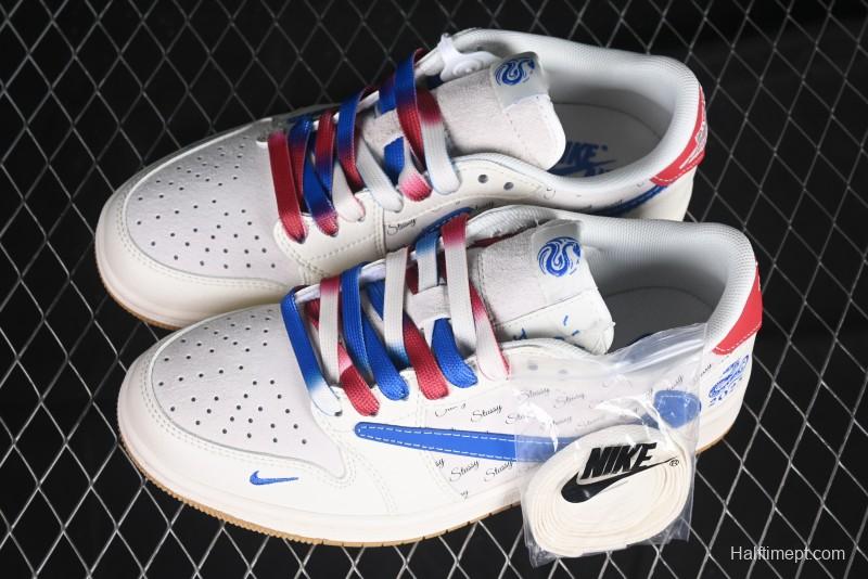 Nike Travis Scott x Fragment Design x Air Jordan 1 Low OG SP AJ1 Snake Year Limited Blue Swoosh Gum Sole Low-top Casual Sneakers - XS3086-011