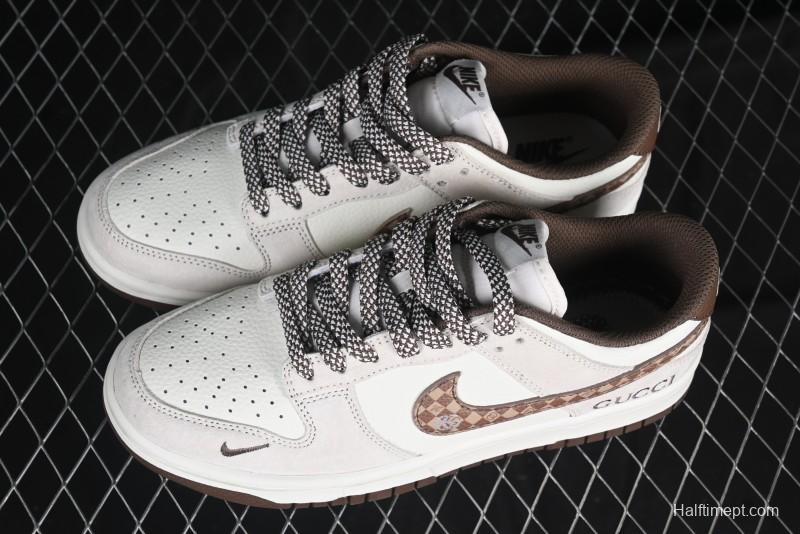 Nike SB Dunk Low Gucci Collaboration Monogram Beige Brown Swoosh Anniversary Custom Low-Top Casual Skate Shoes - DJ2024-059