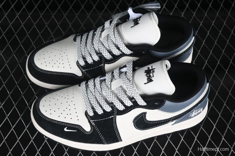 Nike Air Jordan 1 Low OG SP AJ1 Stussy Collaboration Black Grey Blue Black Swoosh Low Top Casual Sneakers - XX3318-502