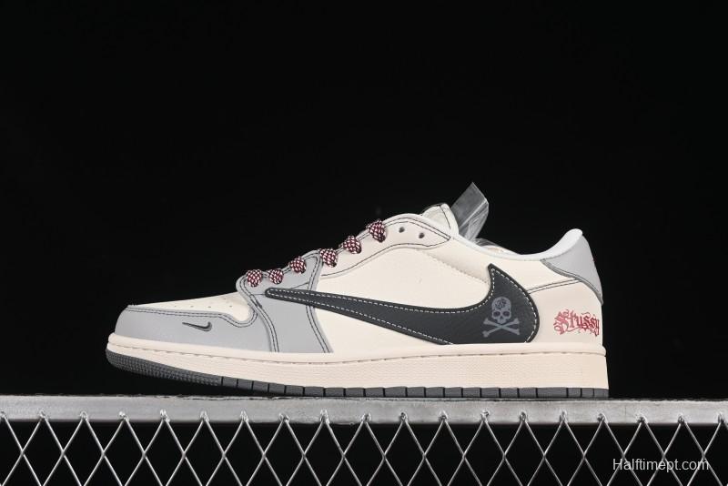 Nike Travis Scott x Fragment Design x Air Jordan 1 Low OG SP AJ1 Stussy Collaboration Black Hook Skull Low Top Casual Sneakers - JJ2508-553