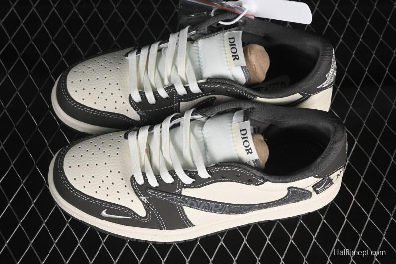 Nike Travis Scott x Fragment Design x Air Jordan 1 Low OG SP AJ1 Dior Collaboration Beige Swoosh Low-Top Casual Sneakers - XS2024-039
