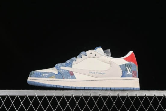 Nike Travis Scott x Fragment Design x Air Jordan 1 Low OG SP AJ1 LV Collaboration Multi-Color Canvas Low-Top Casual Sneakers - FC1688-232