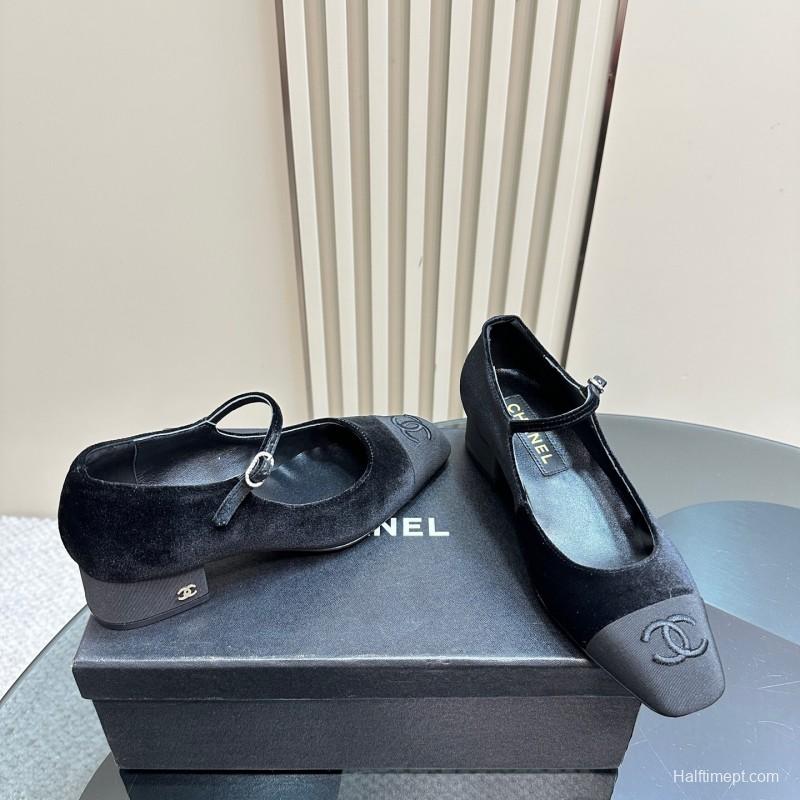 2025 Women Chanel Black Velvet Leather Mary Jane