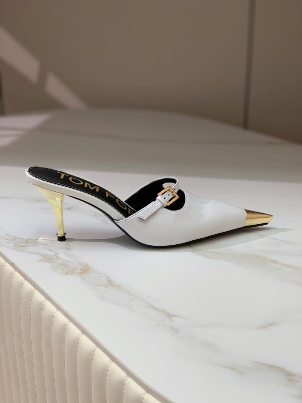 2025 Women TOM FORD White Gold Leather Pointed Toe Mules