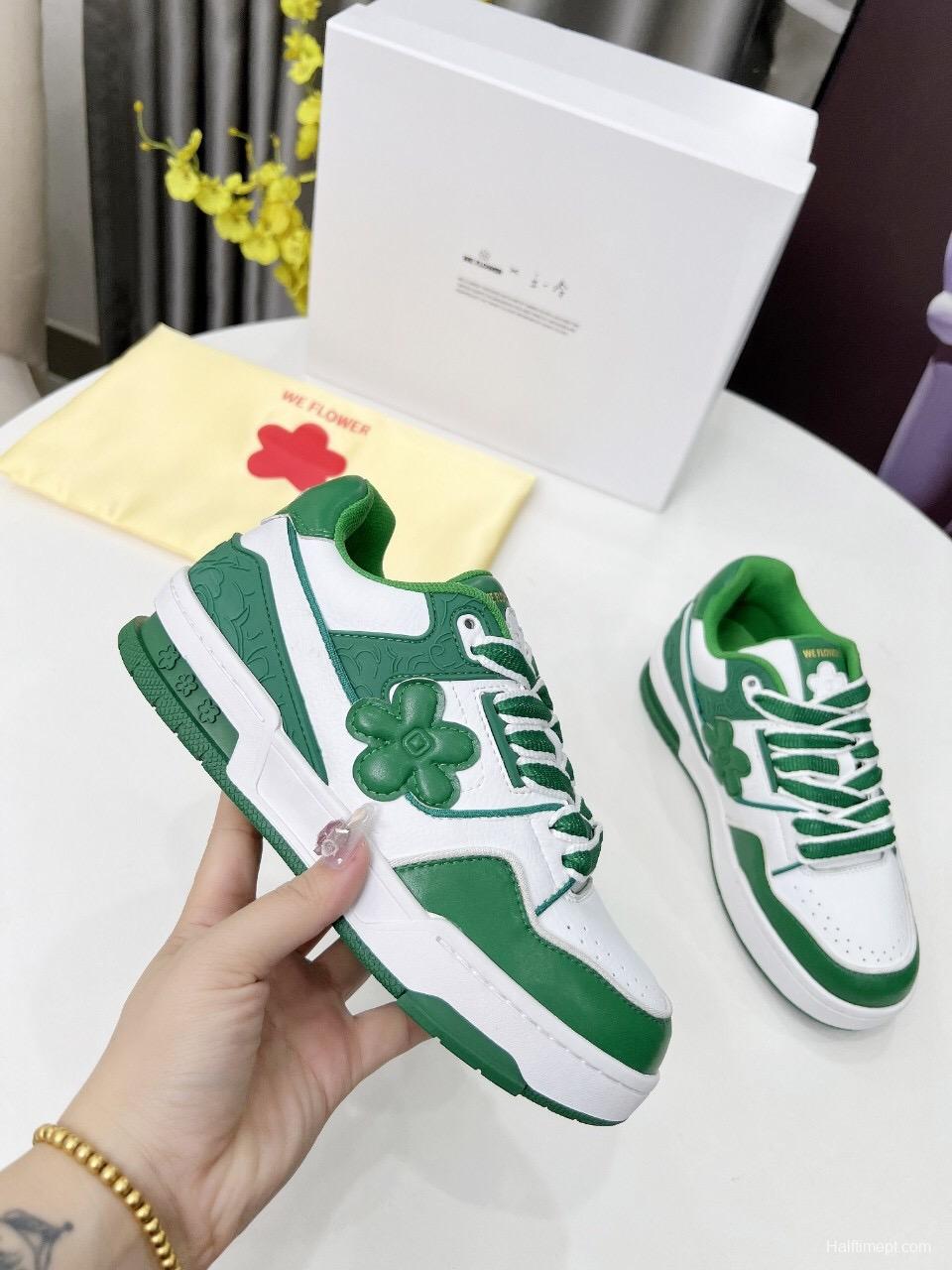 2025 Unisex WEFLOWER Green White Leather Sneakers LY00280