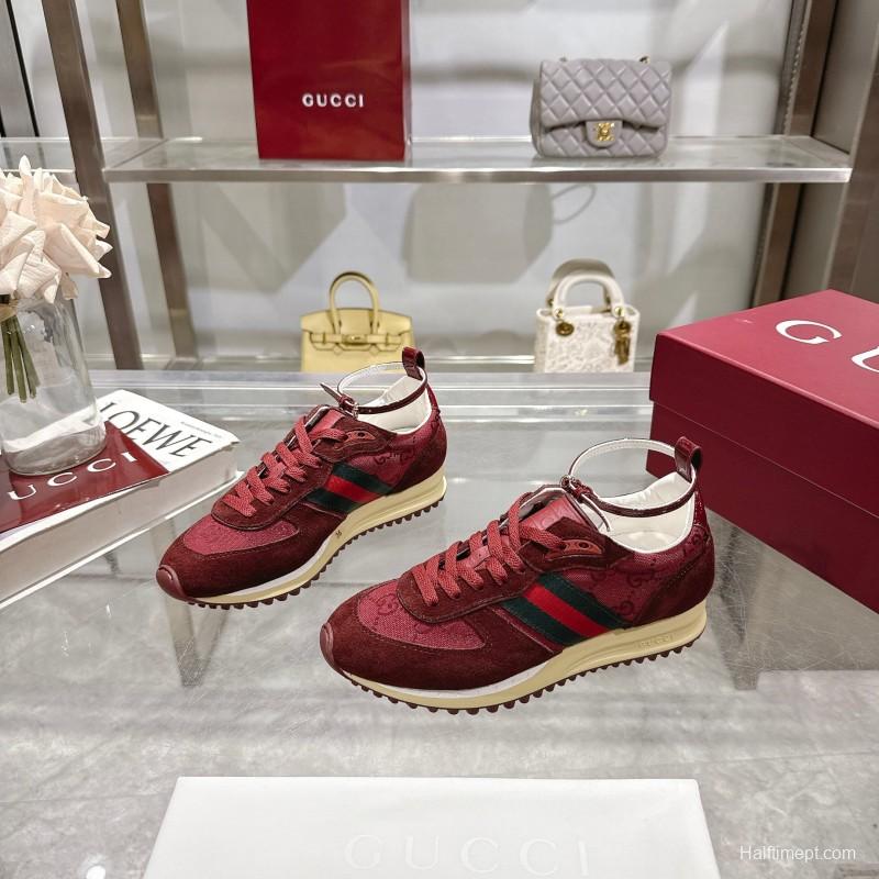 2025 Women Gucci Burgundy Red Suede Fabric Sneakers LY00340