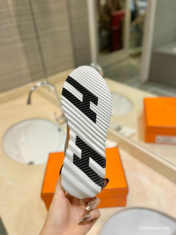 2024 Unisex Hermès Black White Silk Leather Mesh Sneakers MJ00320