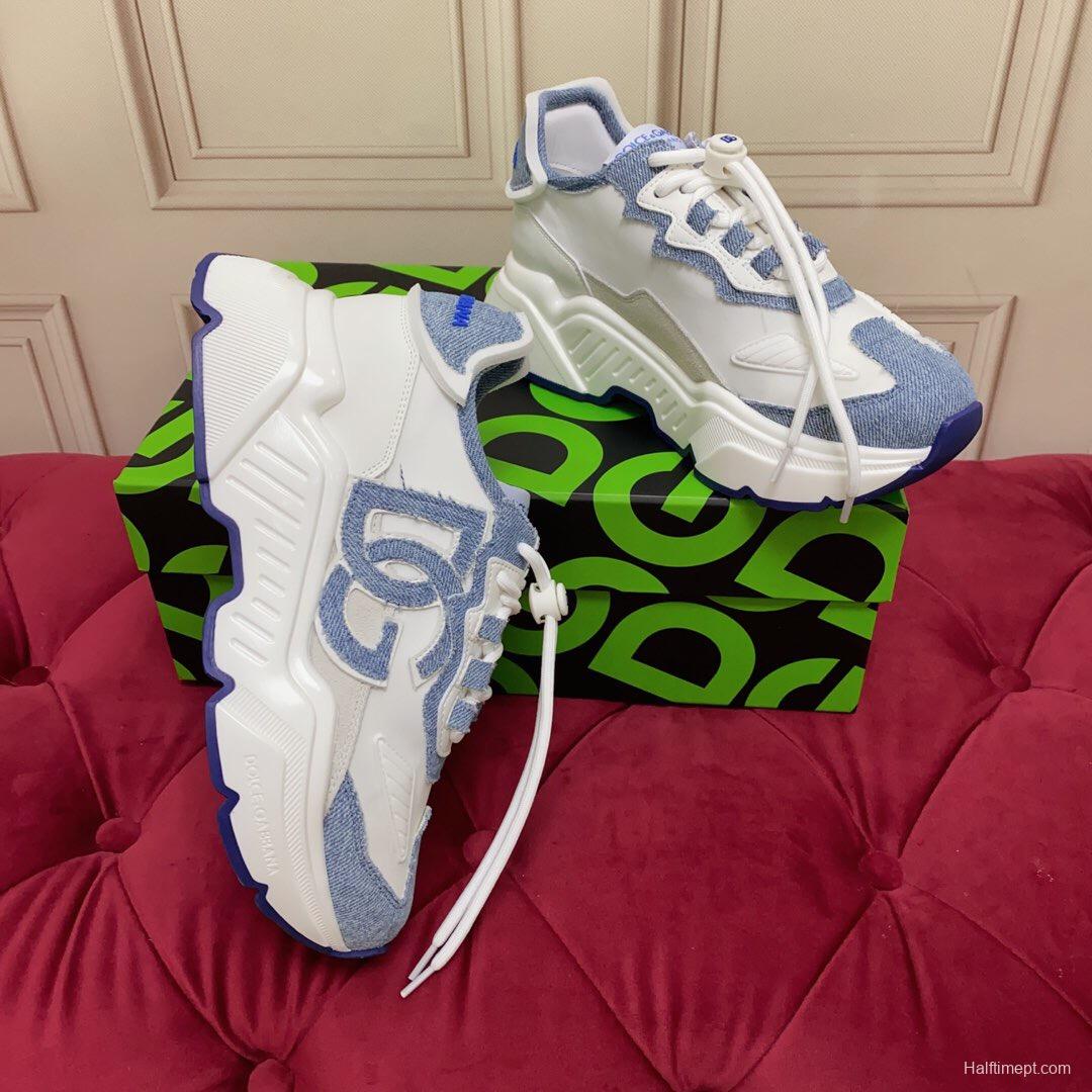 2025 Unisex Dolce & Gabbana White Blue Silk Leather Sneakers Exclusive Craft LY00330(F)/LY00340(M)