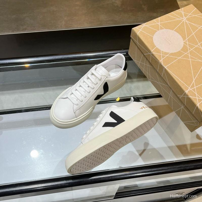 2025 Unisex VEJA White Black Leather Canvas Low Top Vulcanized Sneakers MJ00240