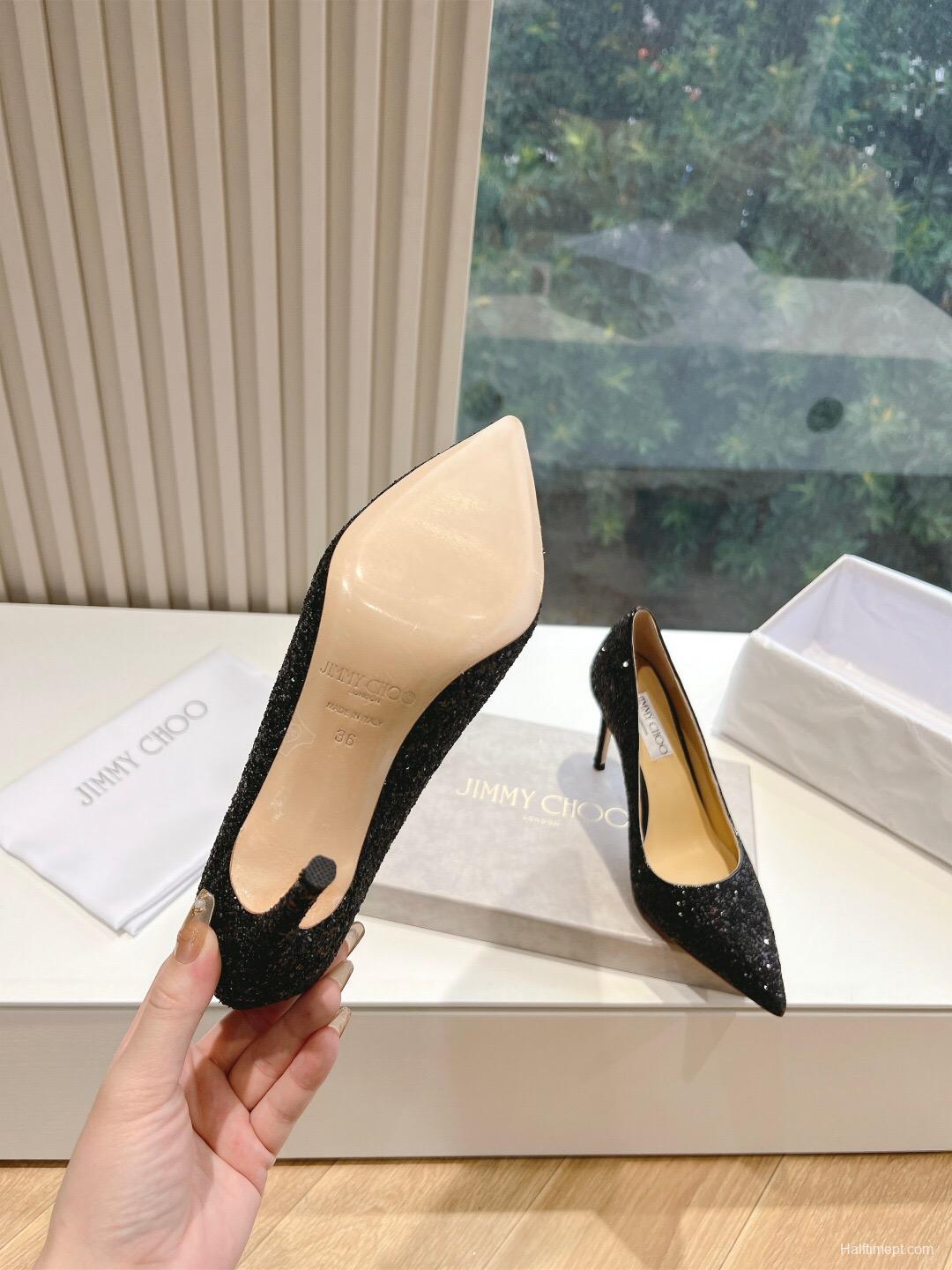 2025 Women Jimmy Choo Black Glitter Leather High Heel Pumps KFY00280