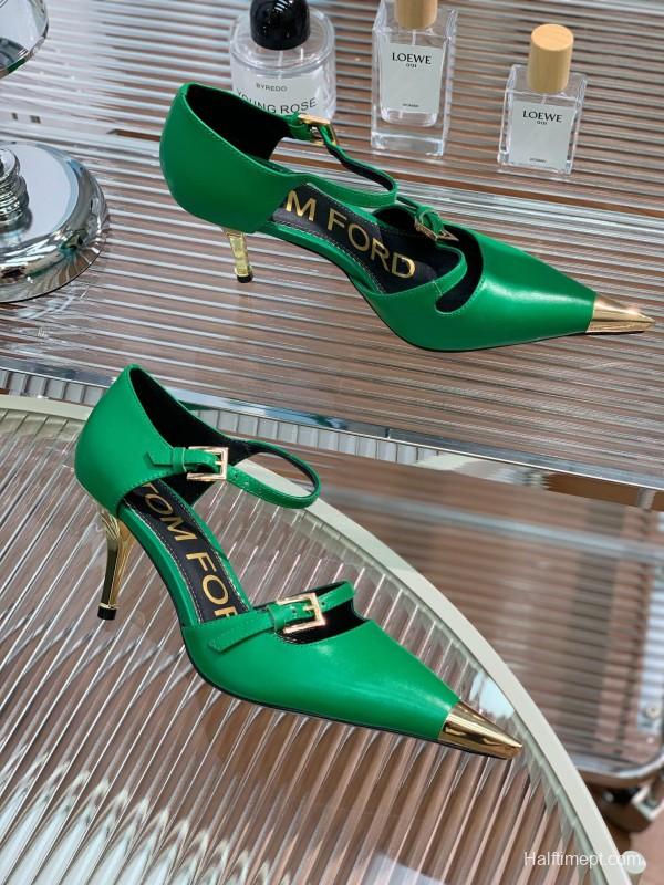 2025 Women TOM FORD Green Gold Leather Pointed Toe Mary Jane KFY00320