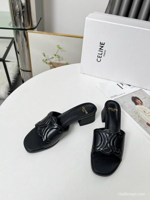 2025 Women Celine Black Leather Sandals