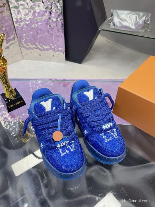 2024 Unisex Louis Vuitton Blue Rhinestone Trainer Sneakers Heat Pressing MJ00430