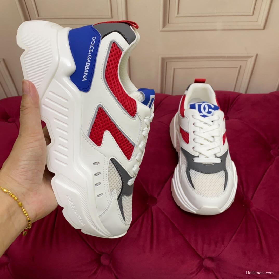 2025 Unisex Dolce & Gabbana White Red Blue Leather Mesh Sneakers LY00330(F)/LY00340(M)