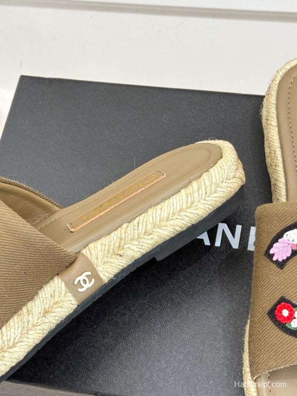 2025 Women Chanel Khaki Embroidered Lambskin Slippers KFY00230