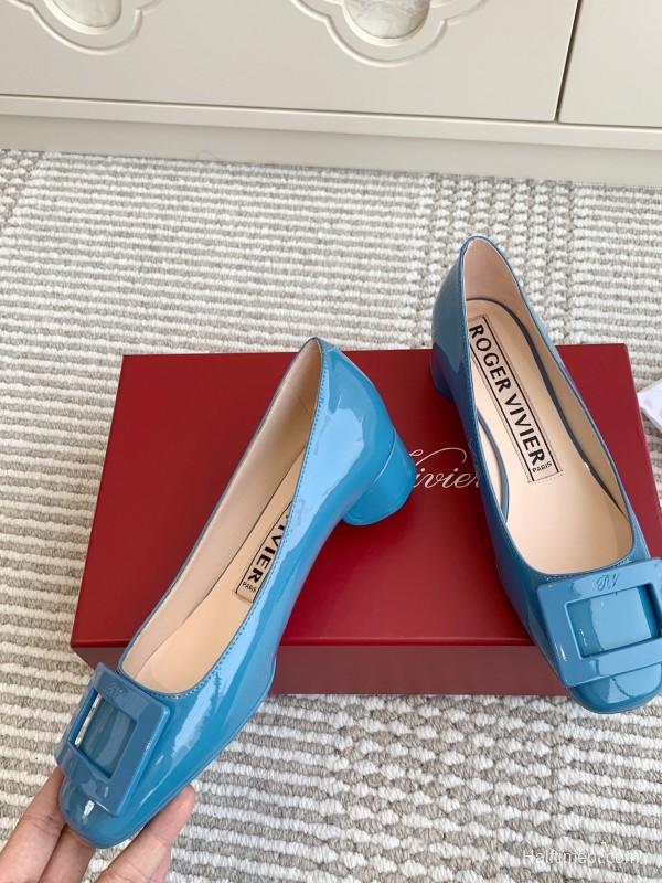 2025 Women Roger Vivier Blue Patent Leather Ballet Flat Square Buckle KFY00310