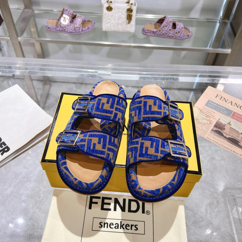 2025 Slippers Fendi Blue Brown Jacquard Buckle KFY00250