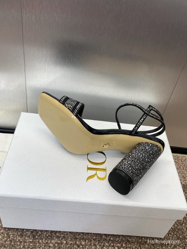 2025 Women Dior Black Patent Leather Crystal High Heel Sandals KFY00320