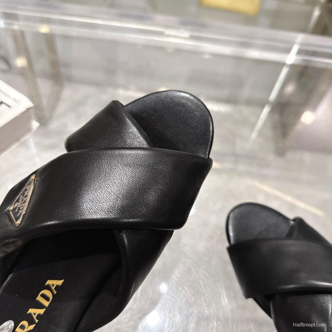 2025 Women Prada Black Leather Slippers