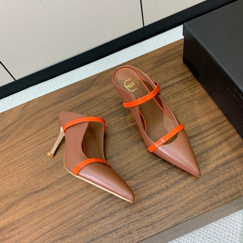 2025 Women Malone Souliers Brown Orange Leather Patent Leather Mid Heel Pumps