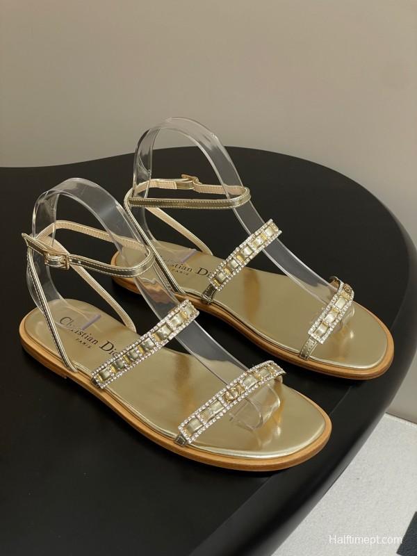 2025 Women Dior Gold Leather Sandals Crystal Embellishment