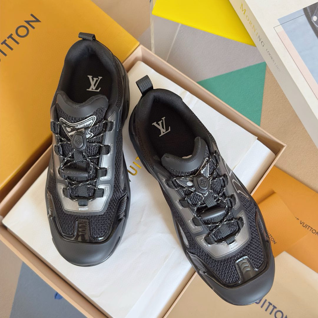 2025 Men Louis Vuitton Black Grey Mesh Fabric Sneakers MJ00390