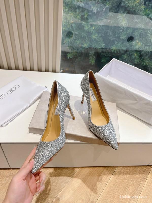 2025 Women Jimmy Choo Silver Glitter Leather Pointed Toe Pumps