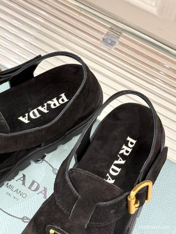 2025 Women Prada Black Suede Sandals