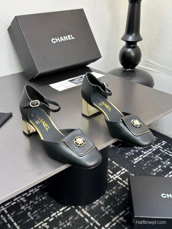 2025 Women CHANEL Black Leather Block Heel Metal Accent LY00360