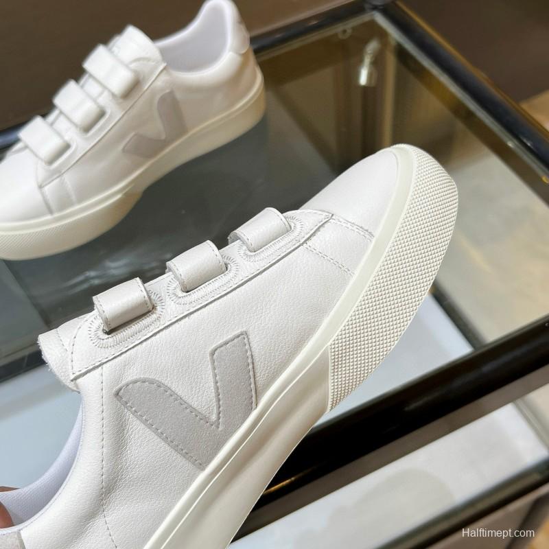 2025 Unisex VEJA White Leather Canvas Sneakers V-Logo MJ00240