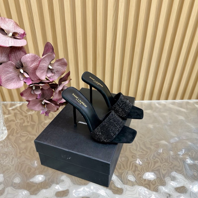 2025 Women Yves Saint Laurent Black Rhinestone Leather High Heel Sandals MJ00300
