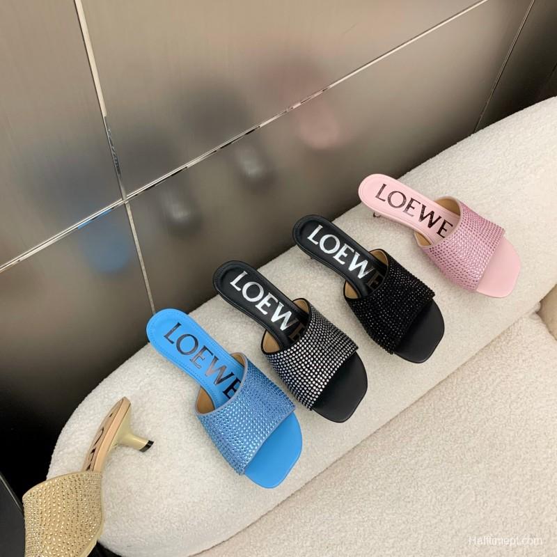2025 Women Loewe Blue Leather Slide Sandals LY