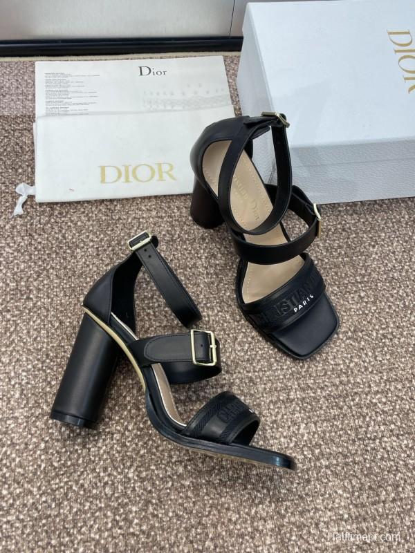 2025 Women Dior Black Leather High Heel Sandals KFY00310