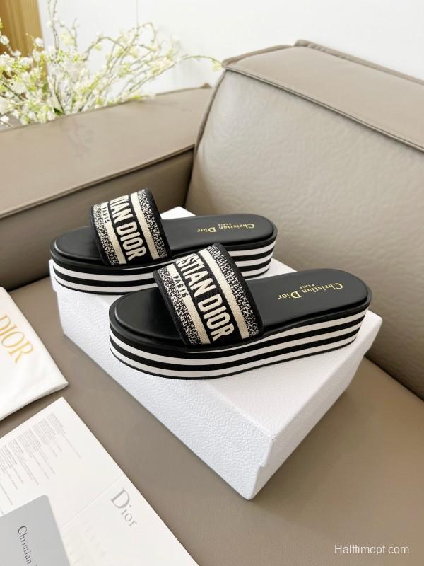 2025 Women Dior Black White Canvas Platform Sandals