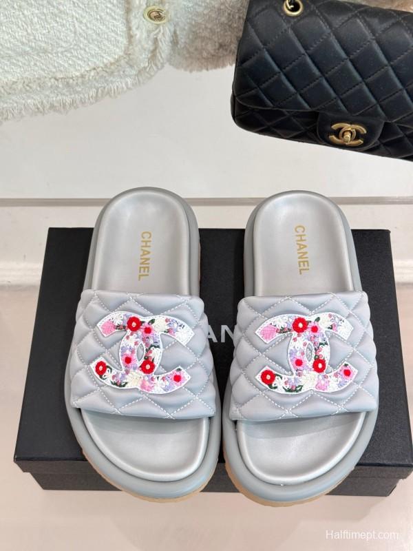 2025 Slippers Chanel Silver Floral Embroidery Leather Slippers KFY00260